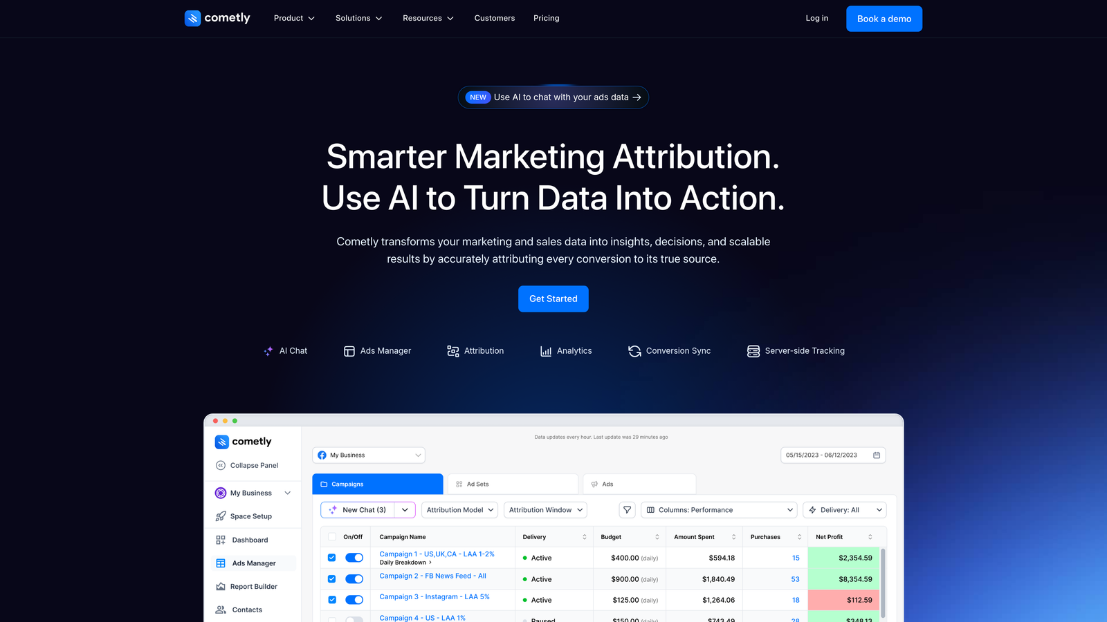 Screenshot of Cometly website homepage