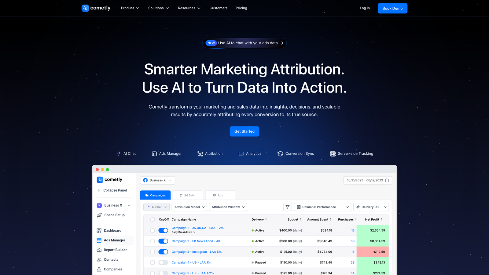 Screenshot of Cometly website homepage