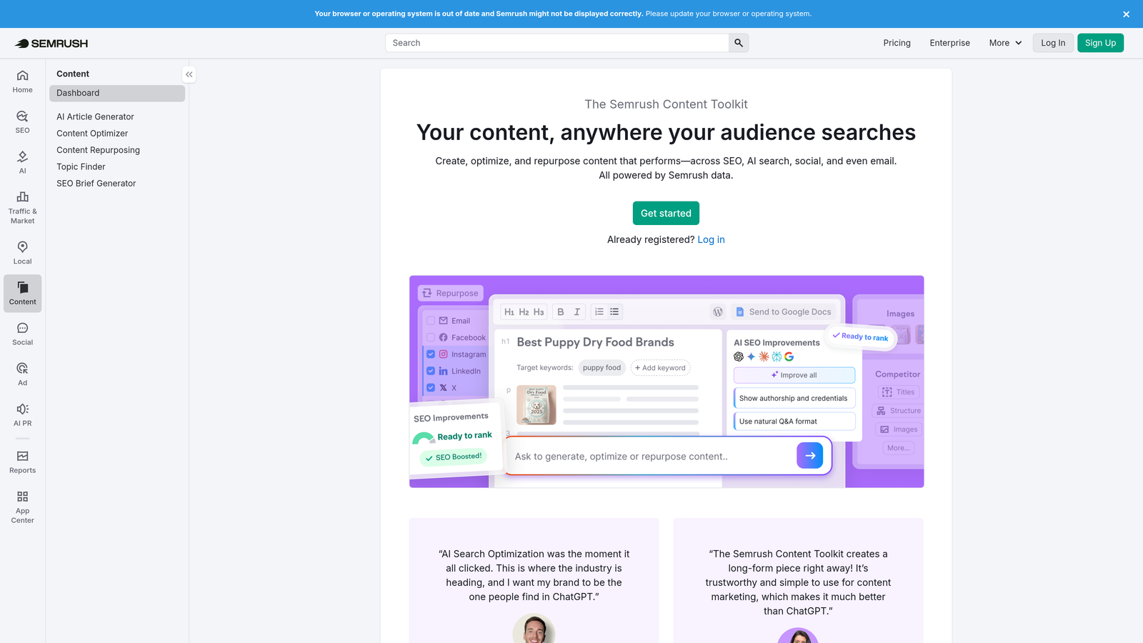 Screenshot of ContentShake AI by Semrush website