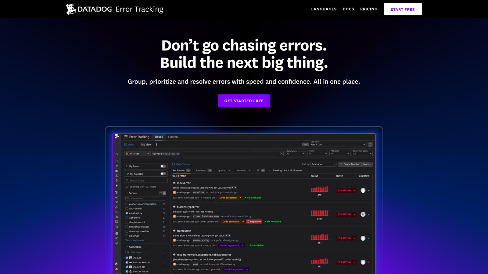 Screenshot of Datadog Error Tracking website