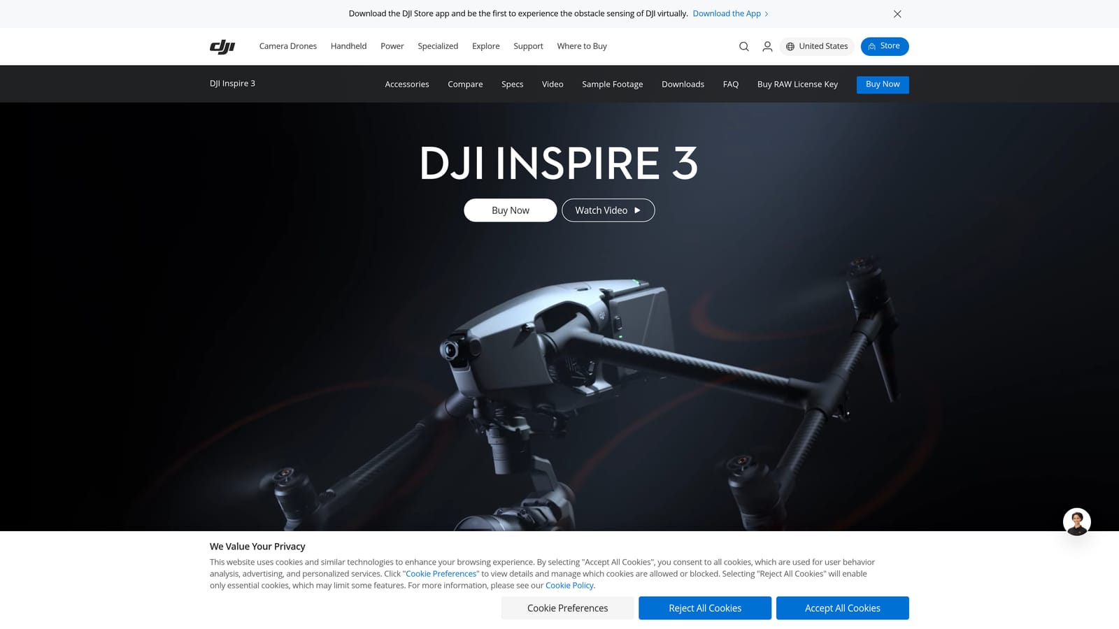 Screenshot of DJI Inspire 3 Drone website