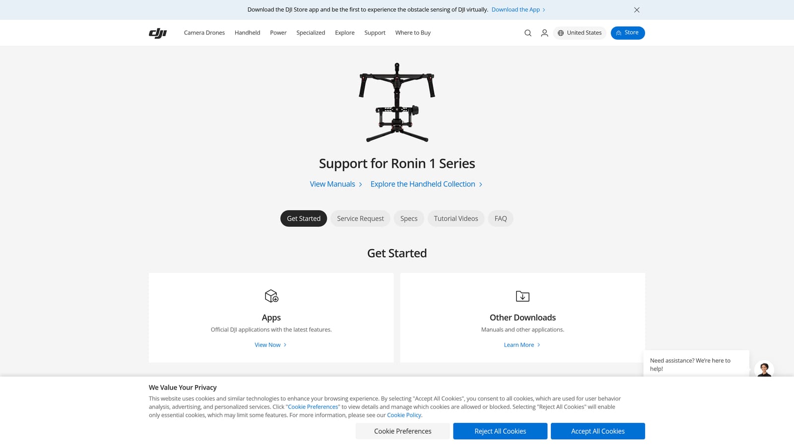 Screenshot of DJI Ronin Gimbals website