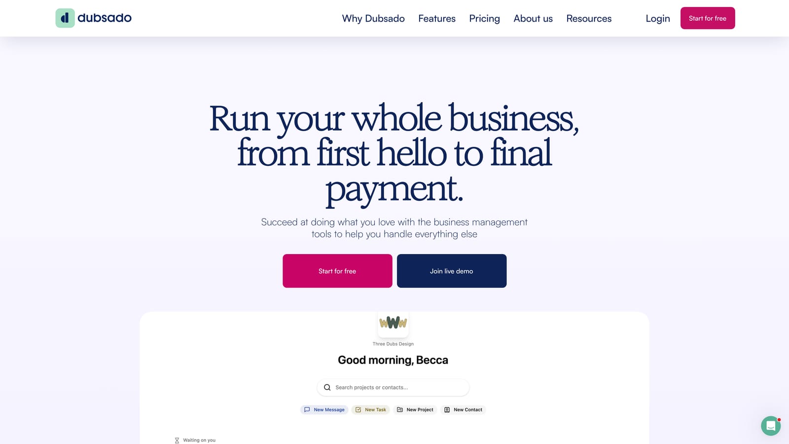 Screenshot of Dubsado website