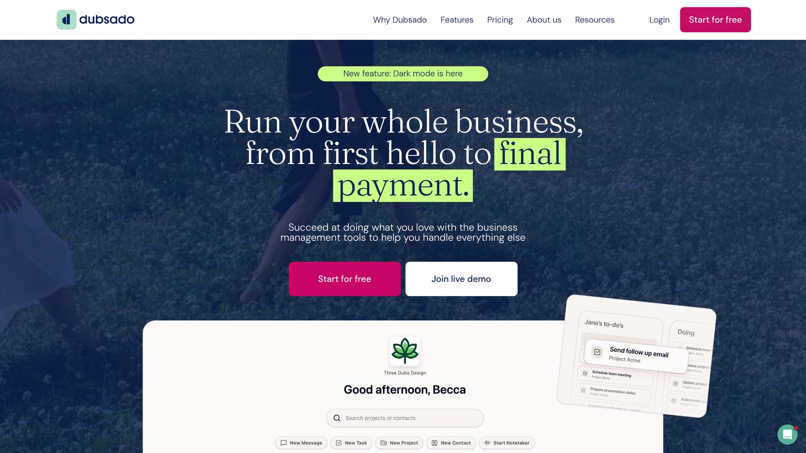 Screenshot of Dubsado website