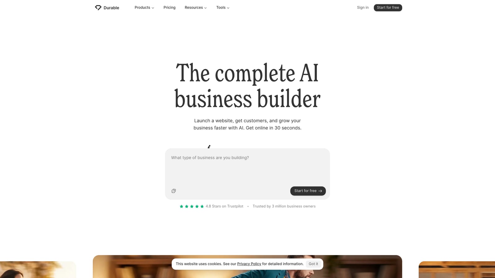 Screenshot of Durable website