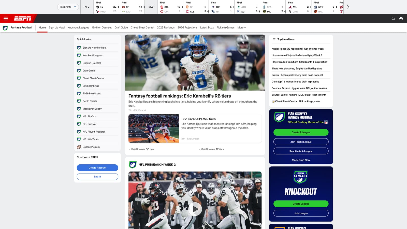 Screenshot of ESPN Fantasy Football website