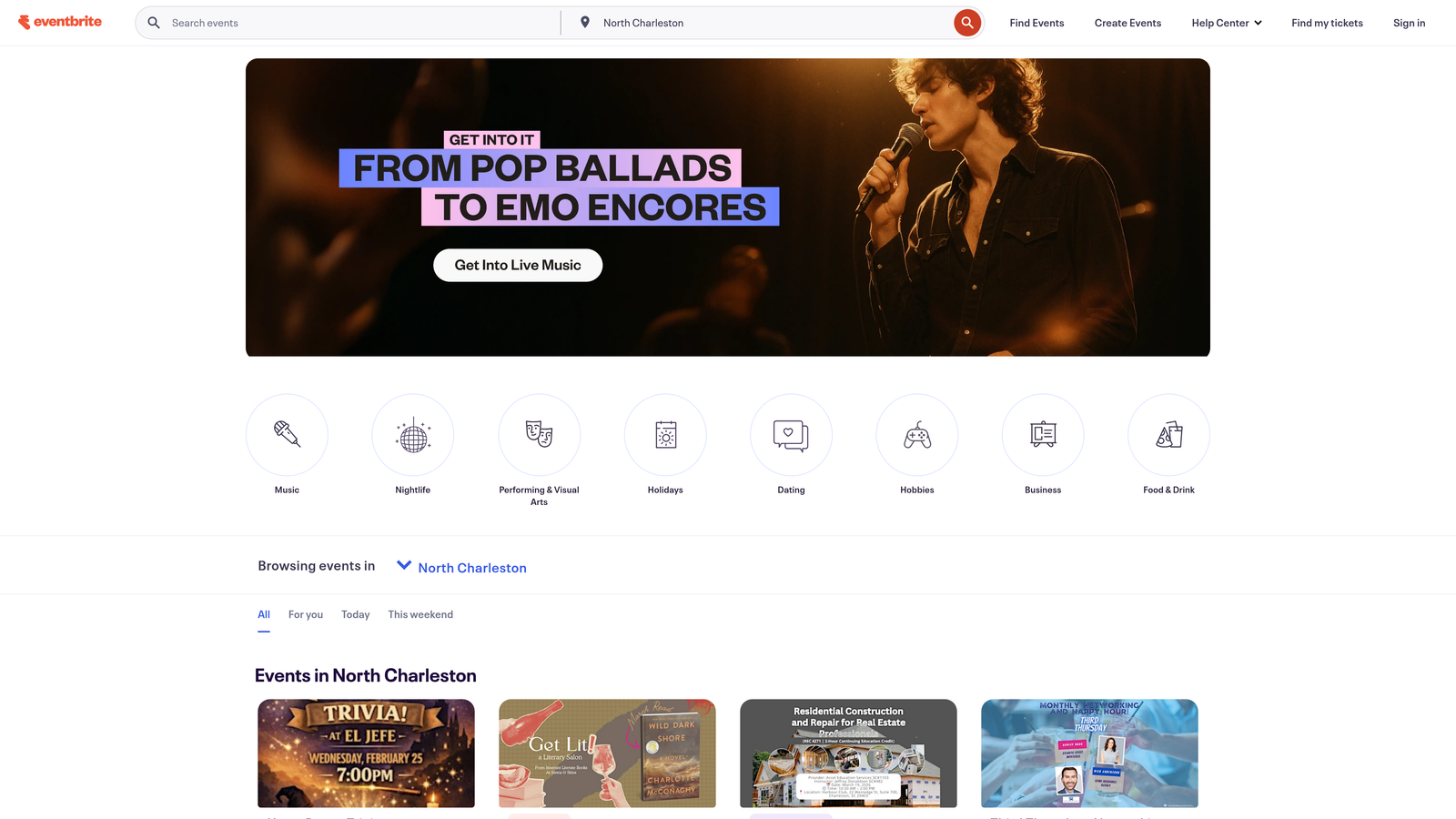Screenshot of Eventbrite website