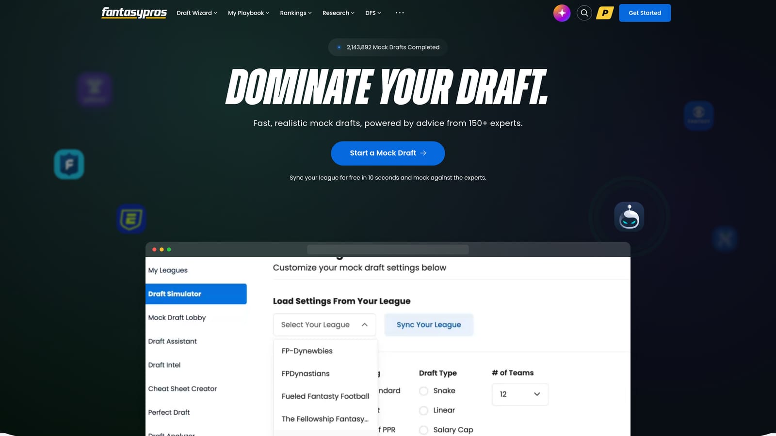 Screenshot of FantasyPros website