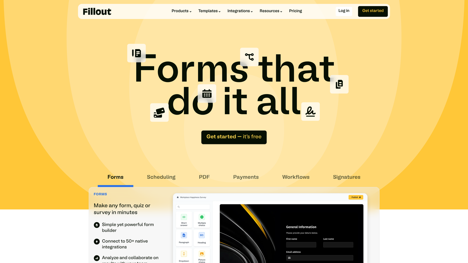 Screenshot of Fillout website