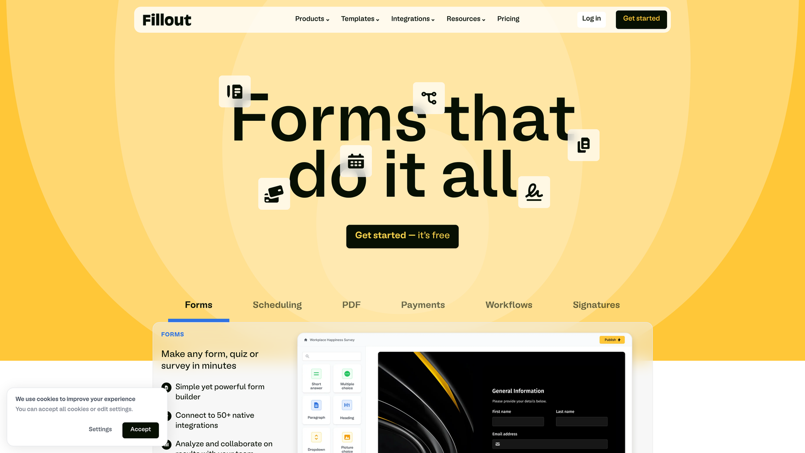 Screenshot of Fillout website