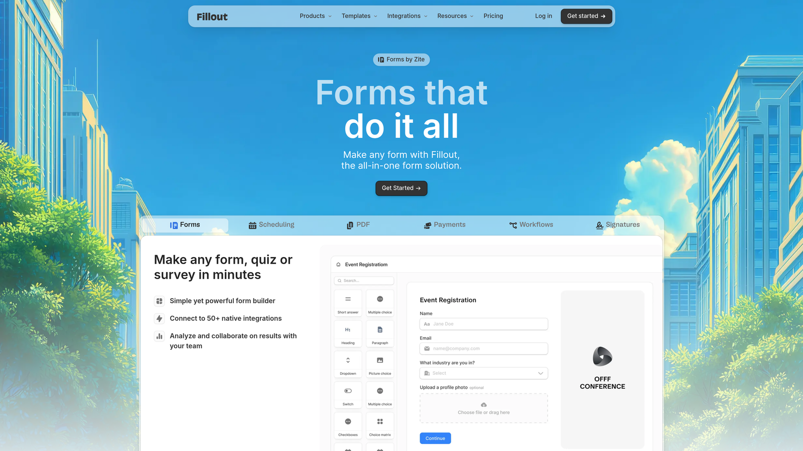 Screenshot of Fillout website