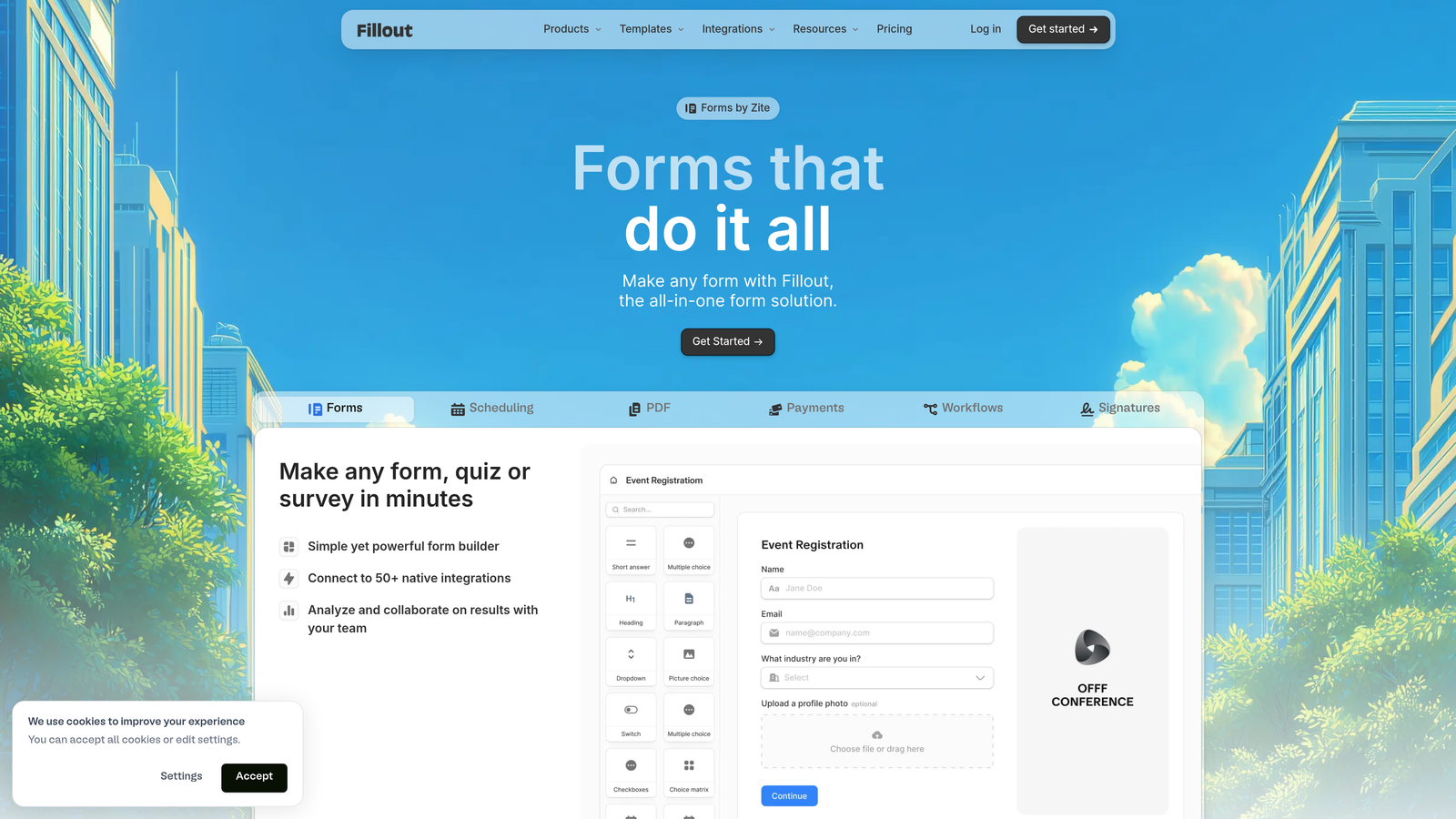 Screenshot of Fillout website
