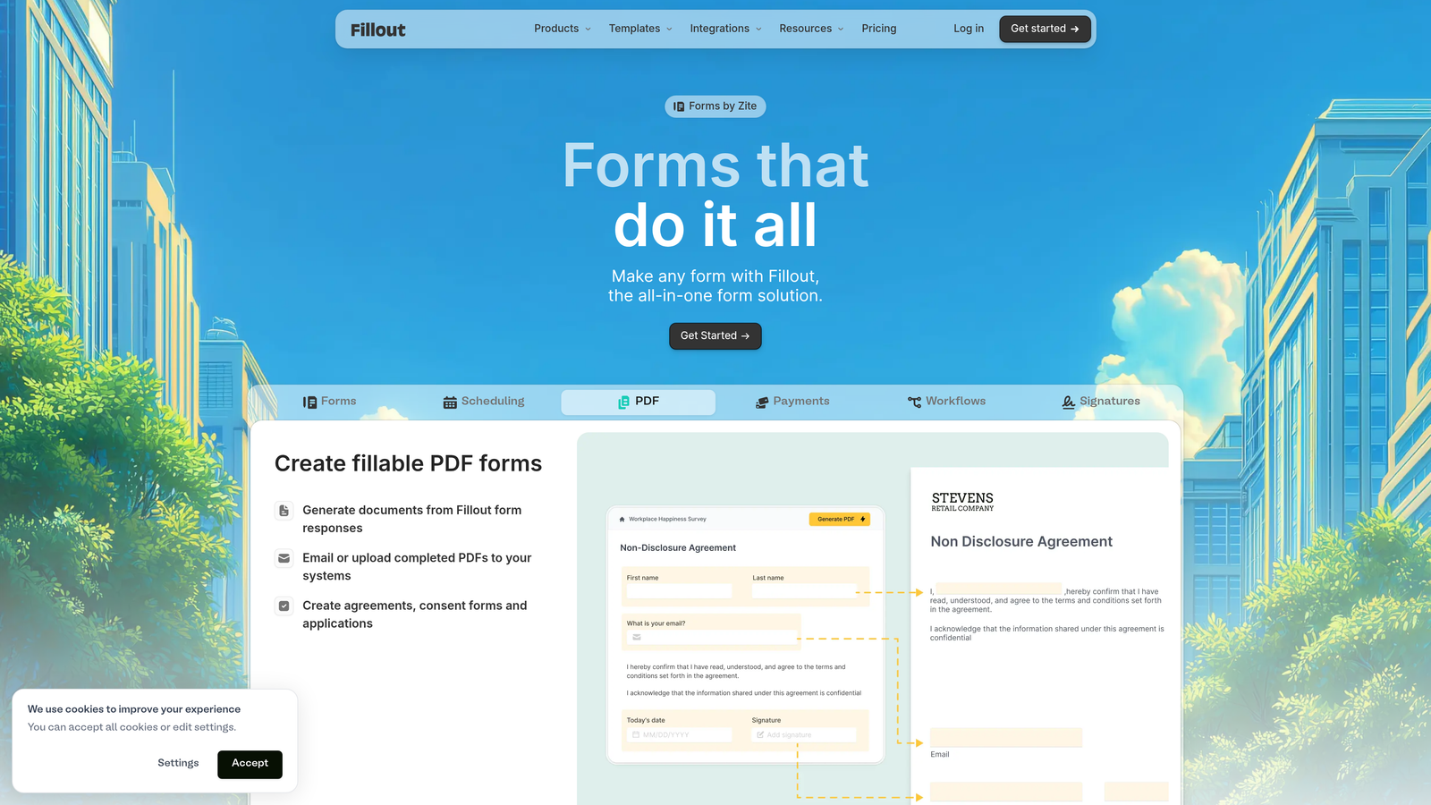Screenshot of Fillout website