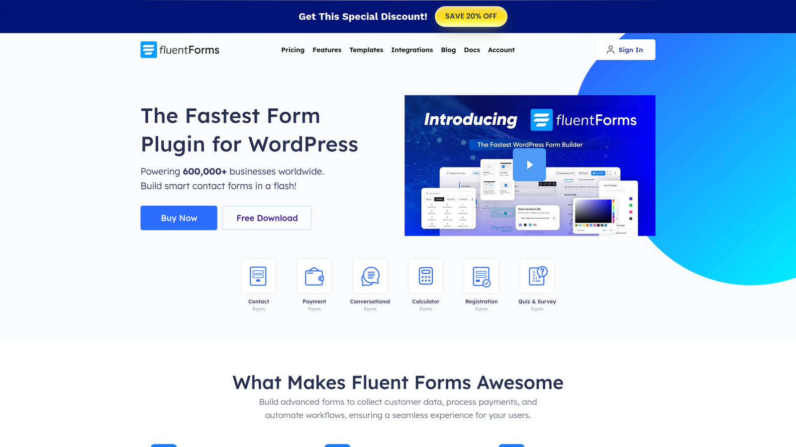 Screenshot of Fluent Forms website