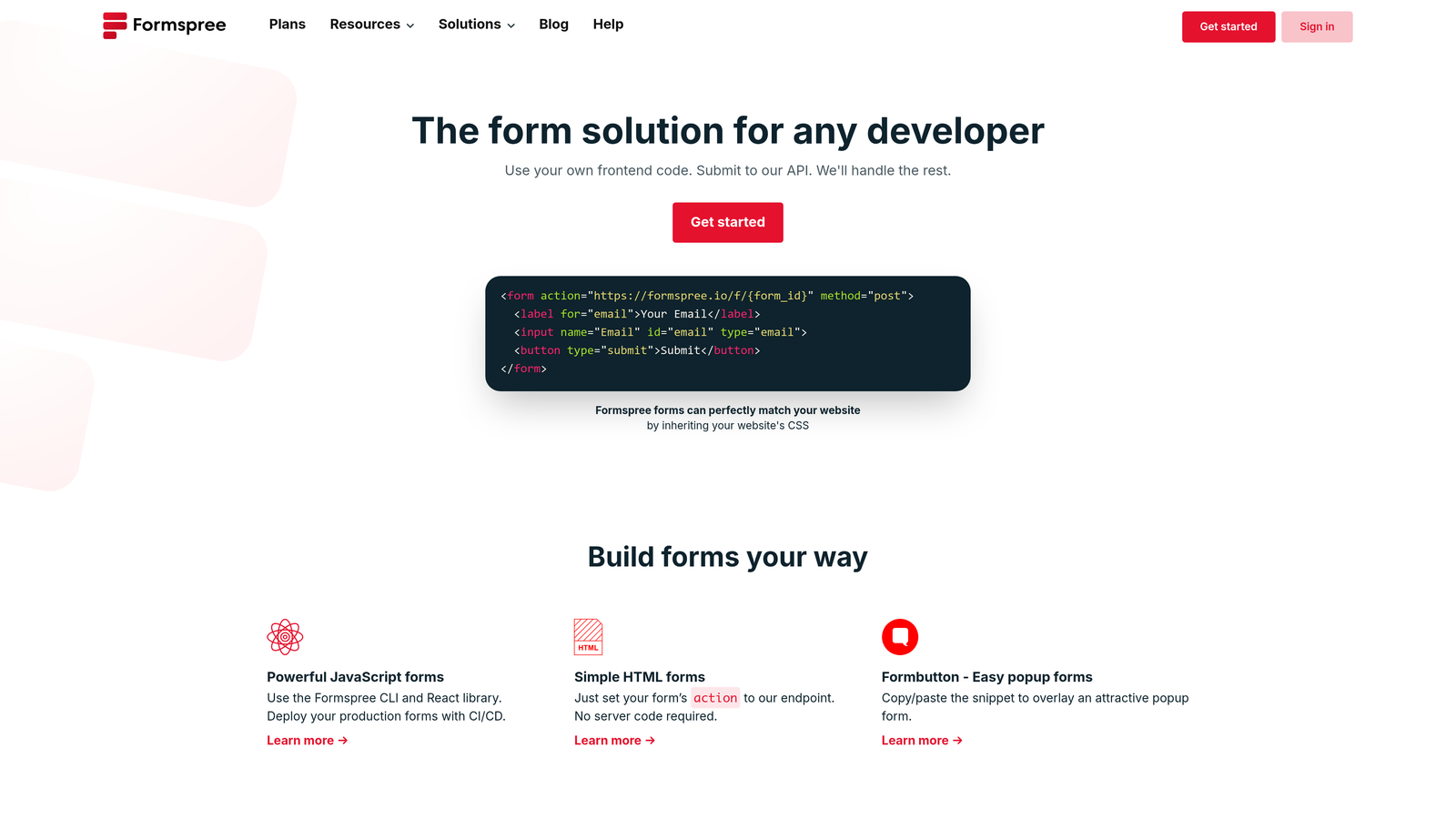 Screenshot of Formspree website