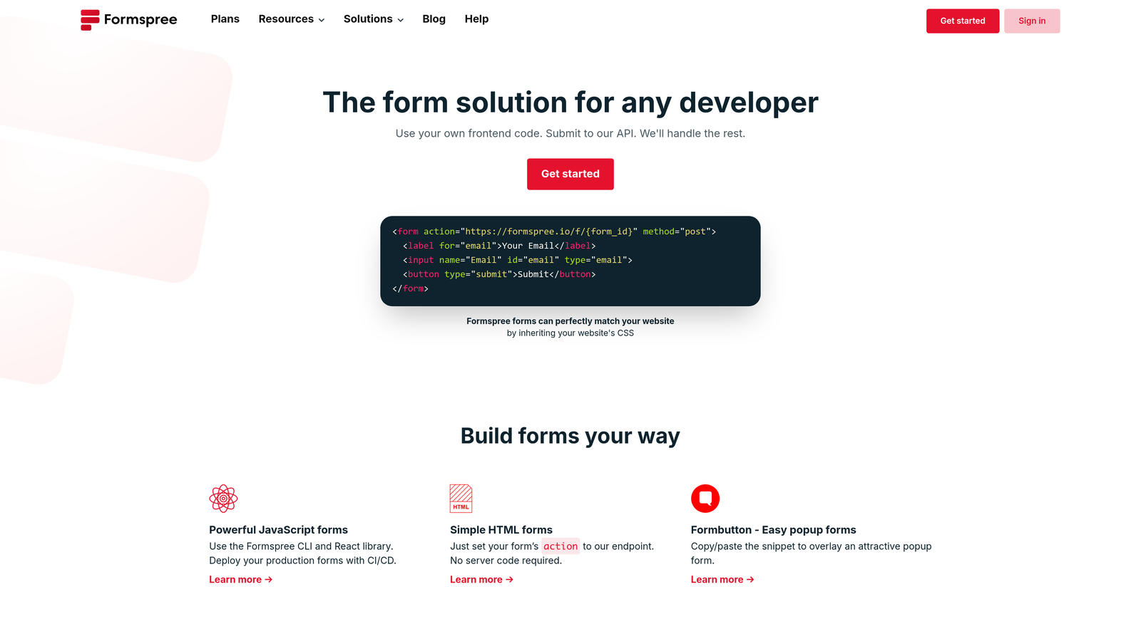 Screenshot of Formspree website