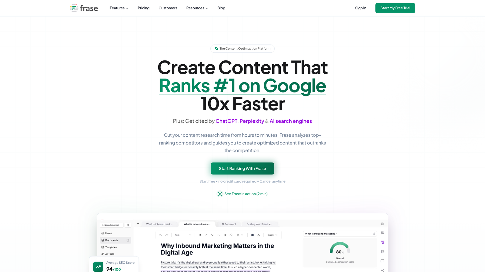 Screenshot of Frase website homepage