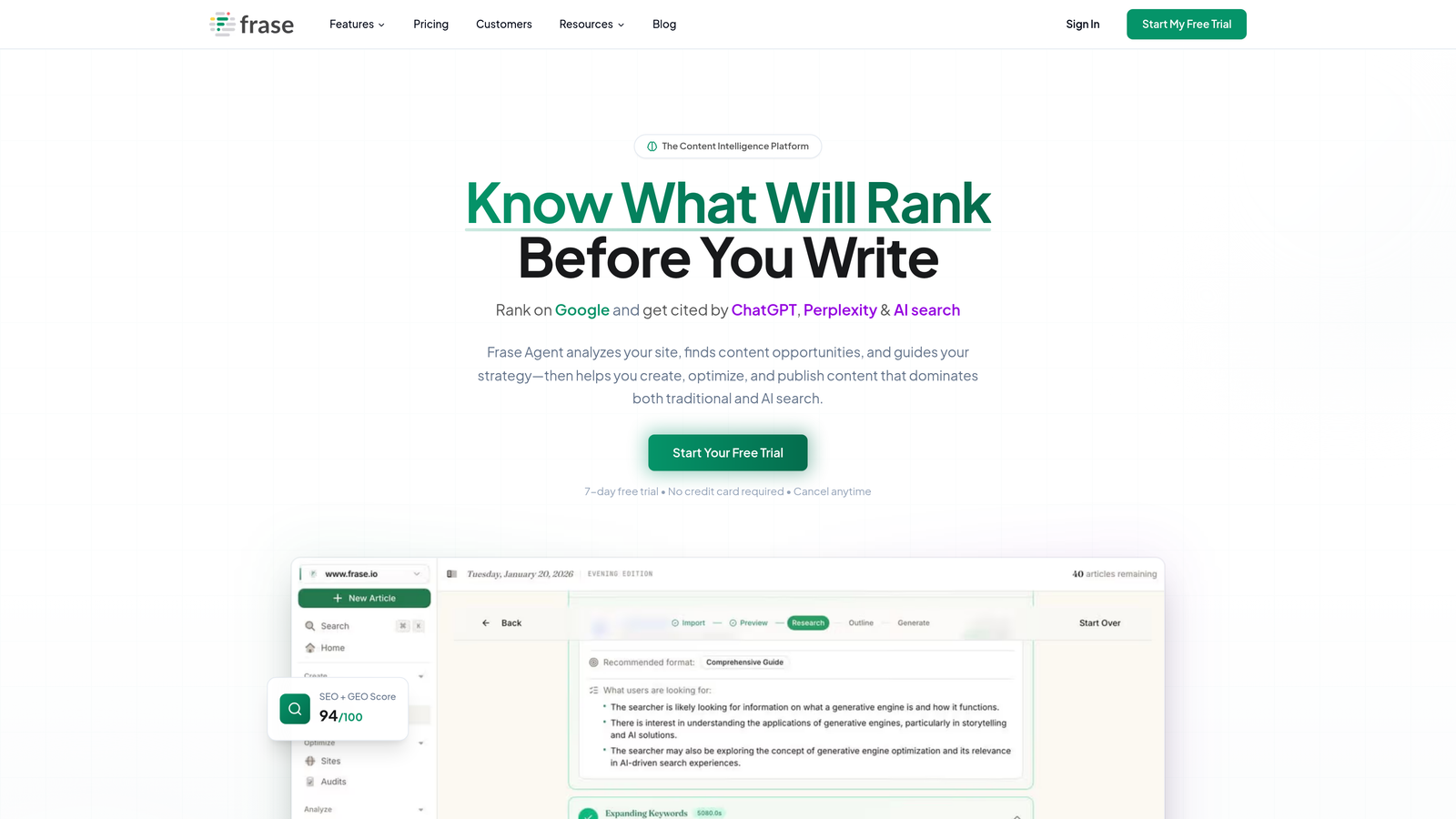 Screenshot of Frase website homepage