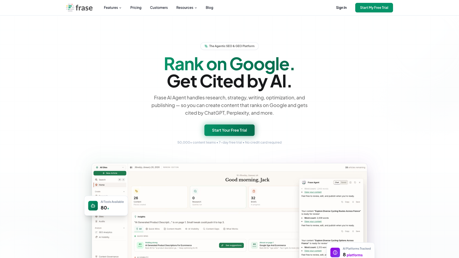 Screenshot of Frase website homepage