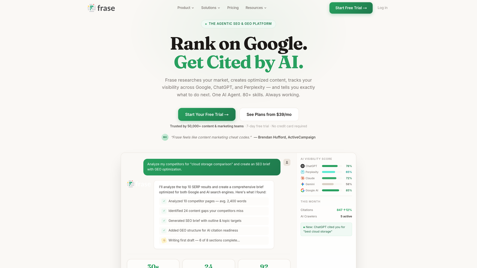 Screenshot of Frase website