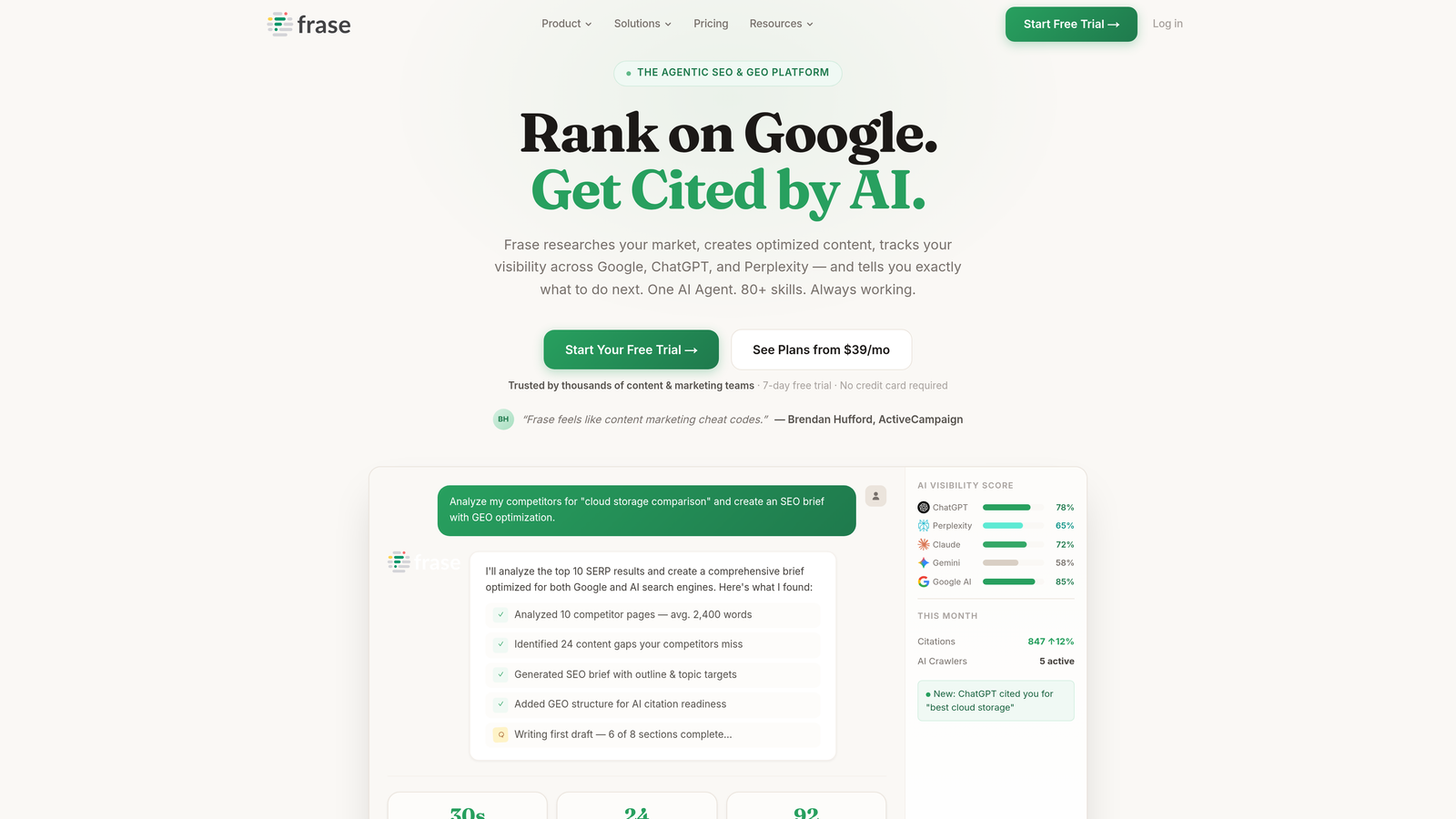 Screenshot of Frase website