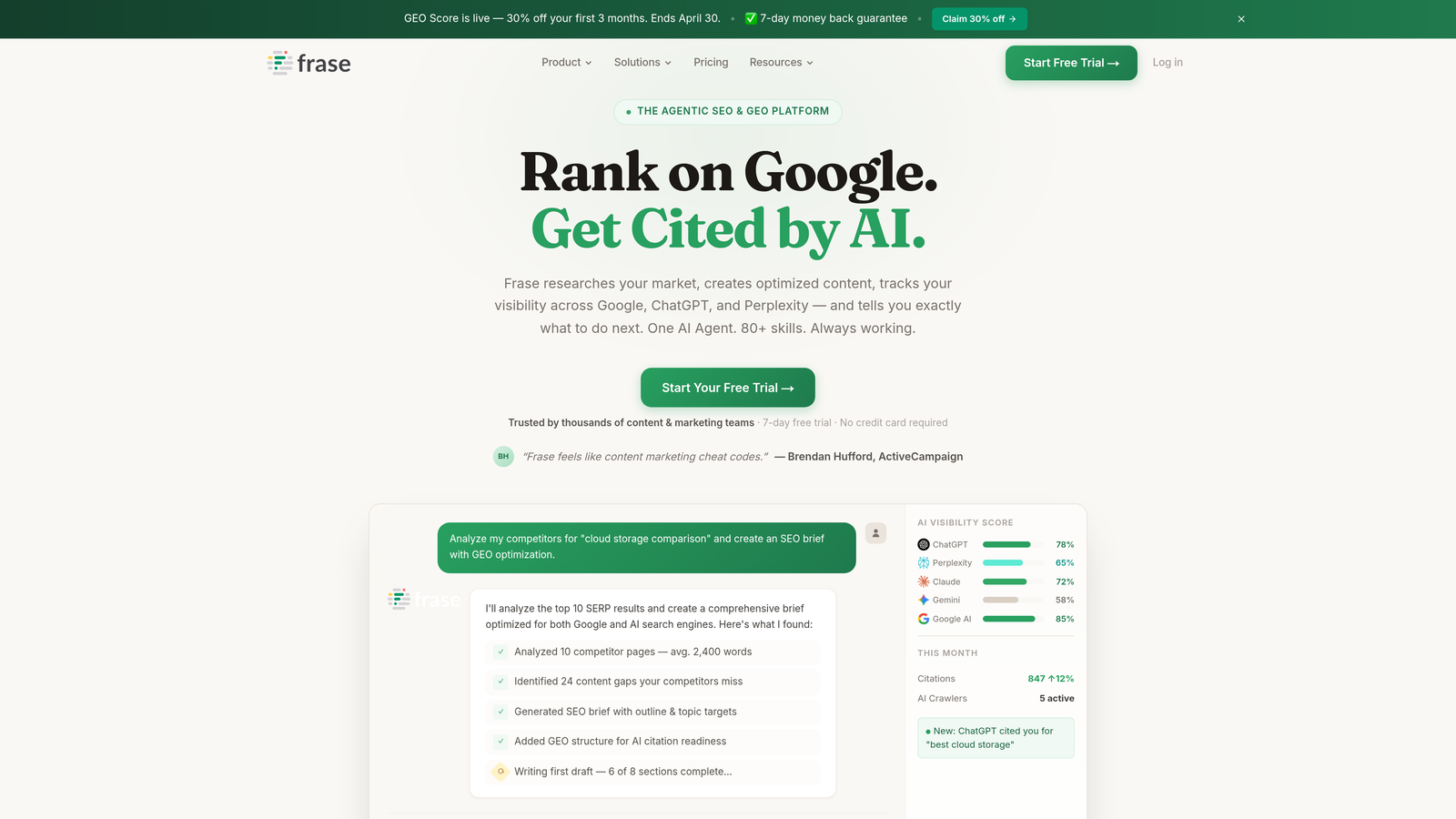 Screenshot of Frase website