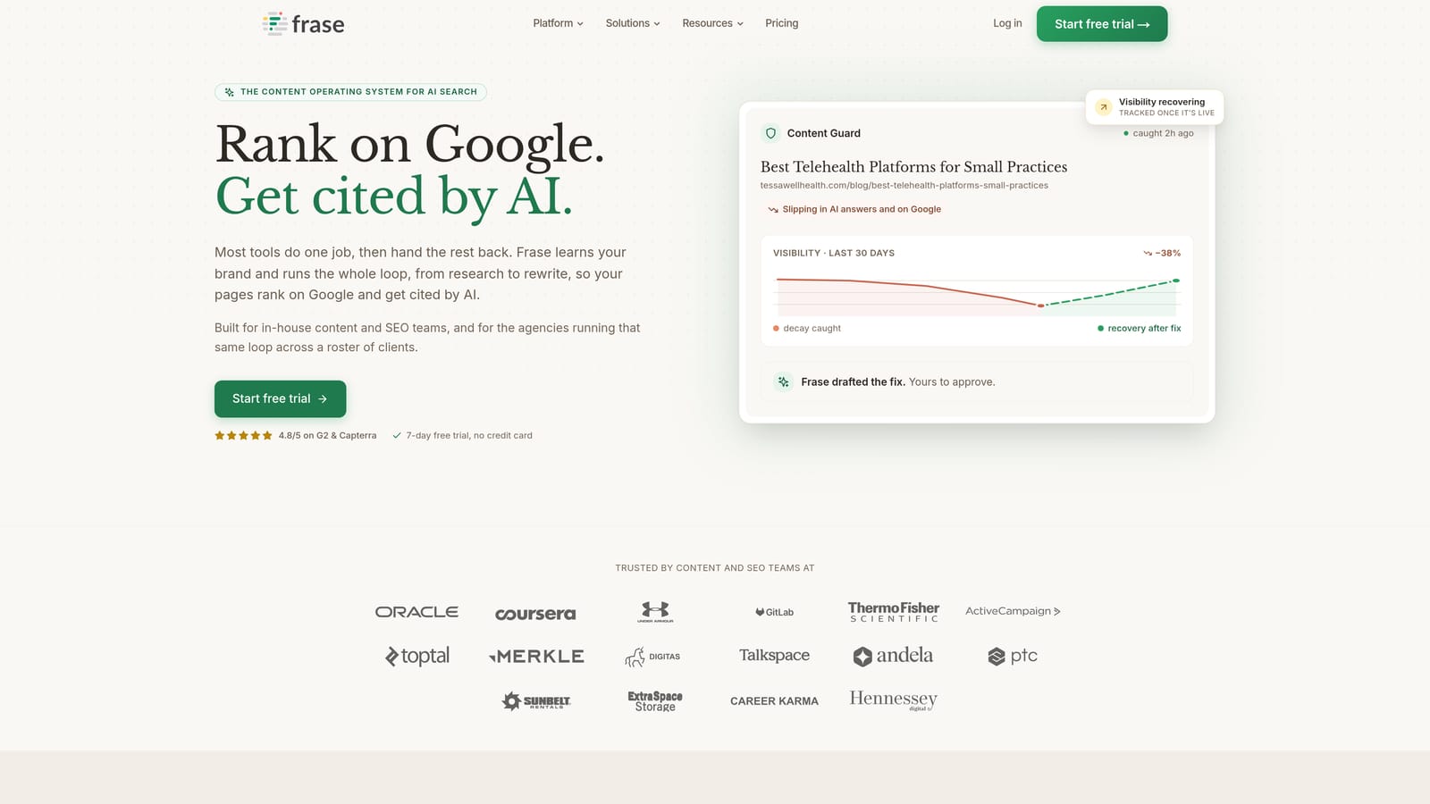 Screenshot of Frase website