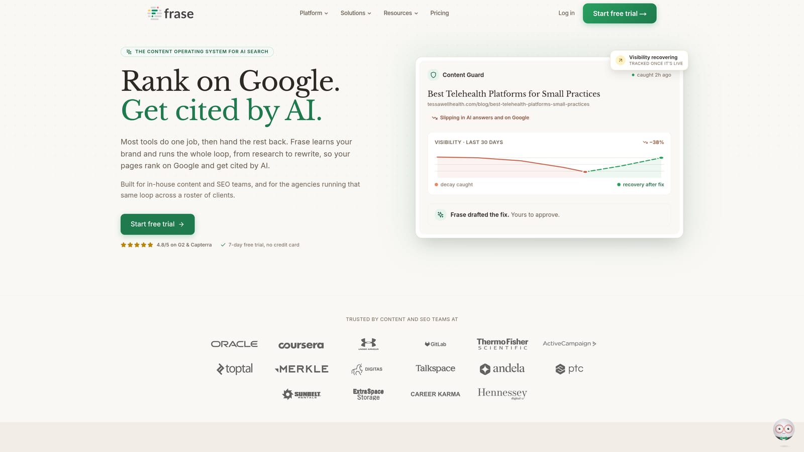 Screenshot of Frase website
