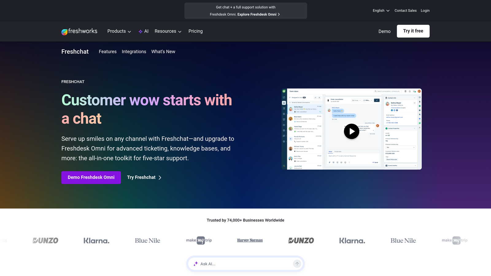 Screenshot of Freshchat website