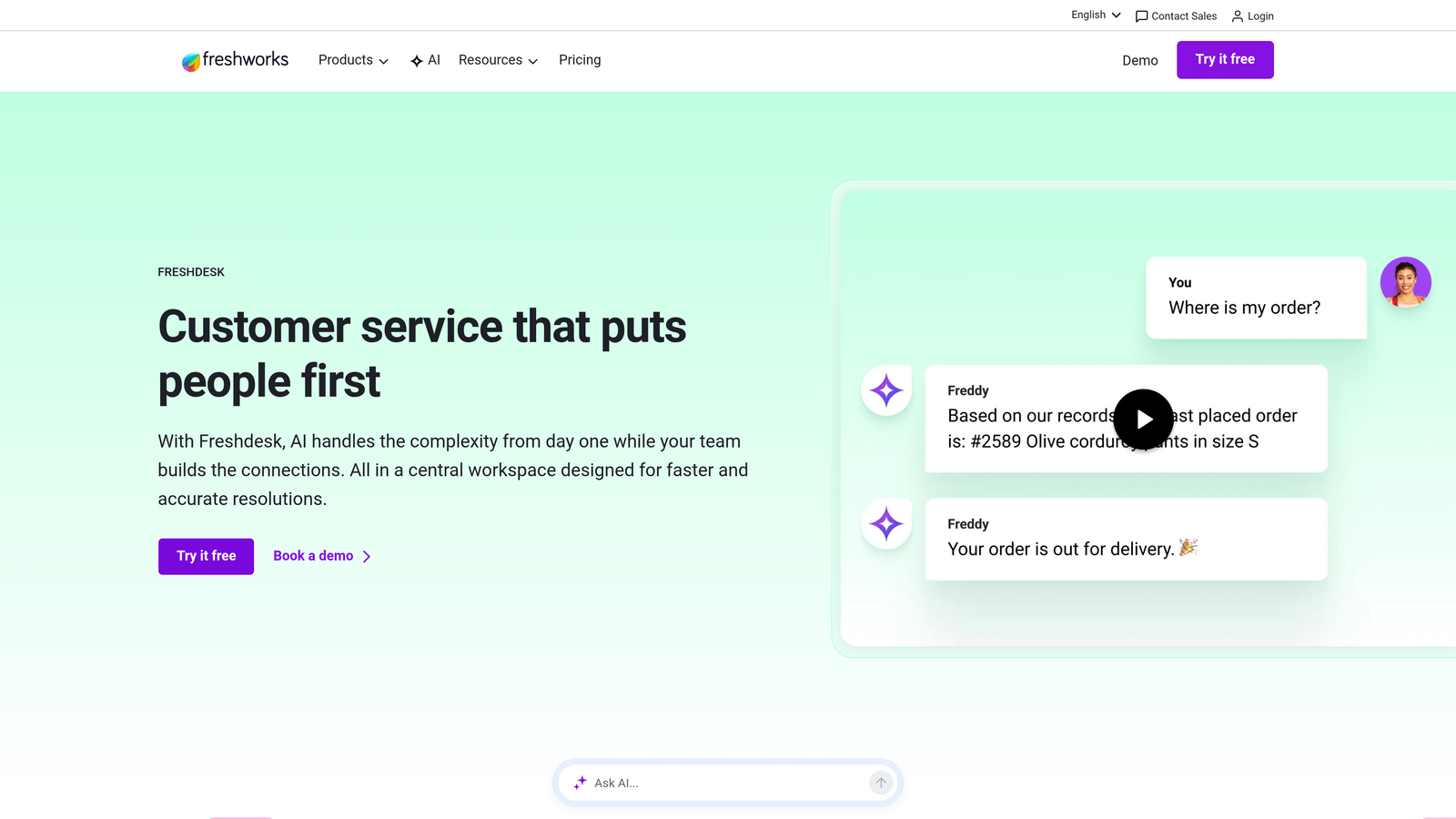 Screenshot of Freshdesk Freddy AI website