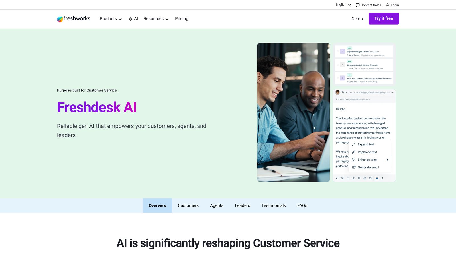 Screenshot of Freshdesk Freddy AI website