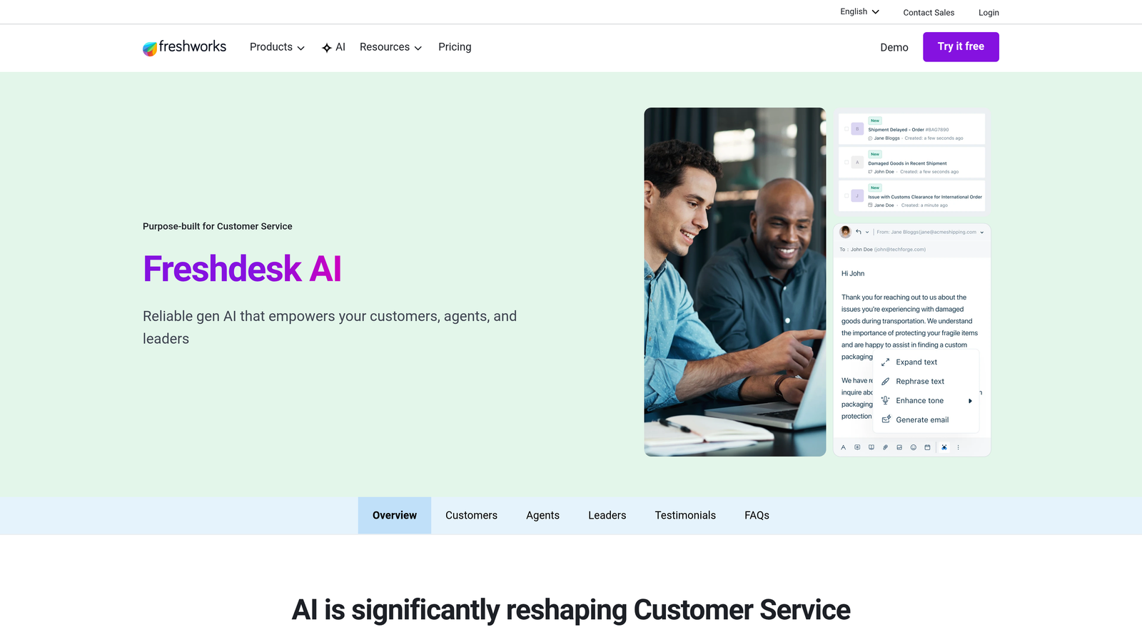 Screenshot of Freshdesk Freddy AI website