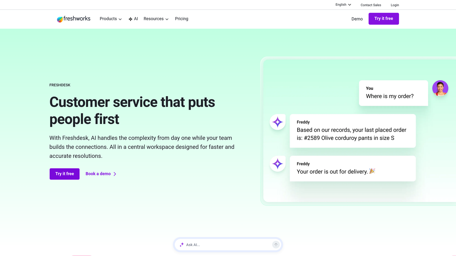 Screenshot of Freshdesk Freddy AI website