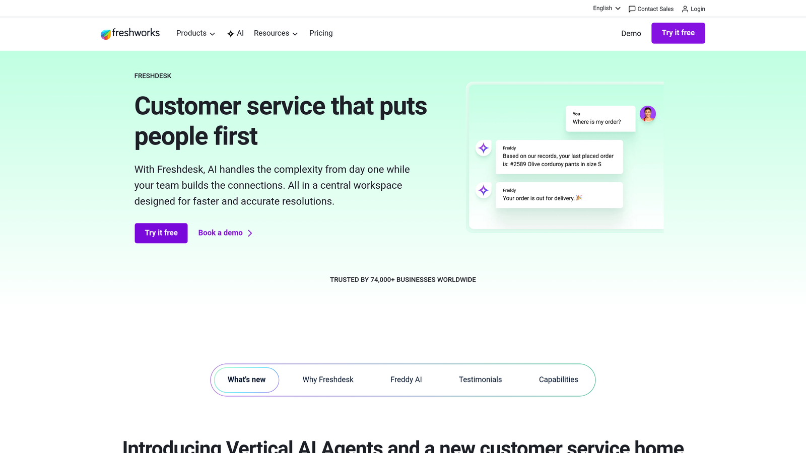 Screenshot of Freshdesk Freddy AI website