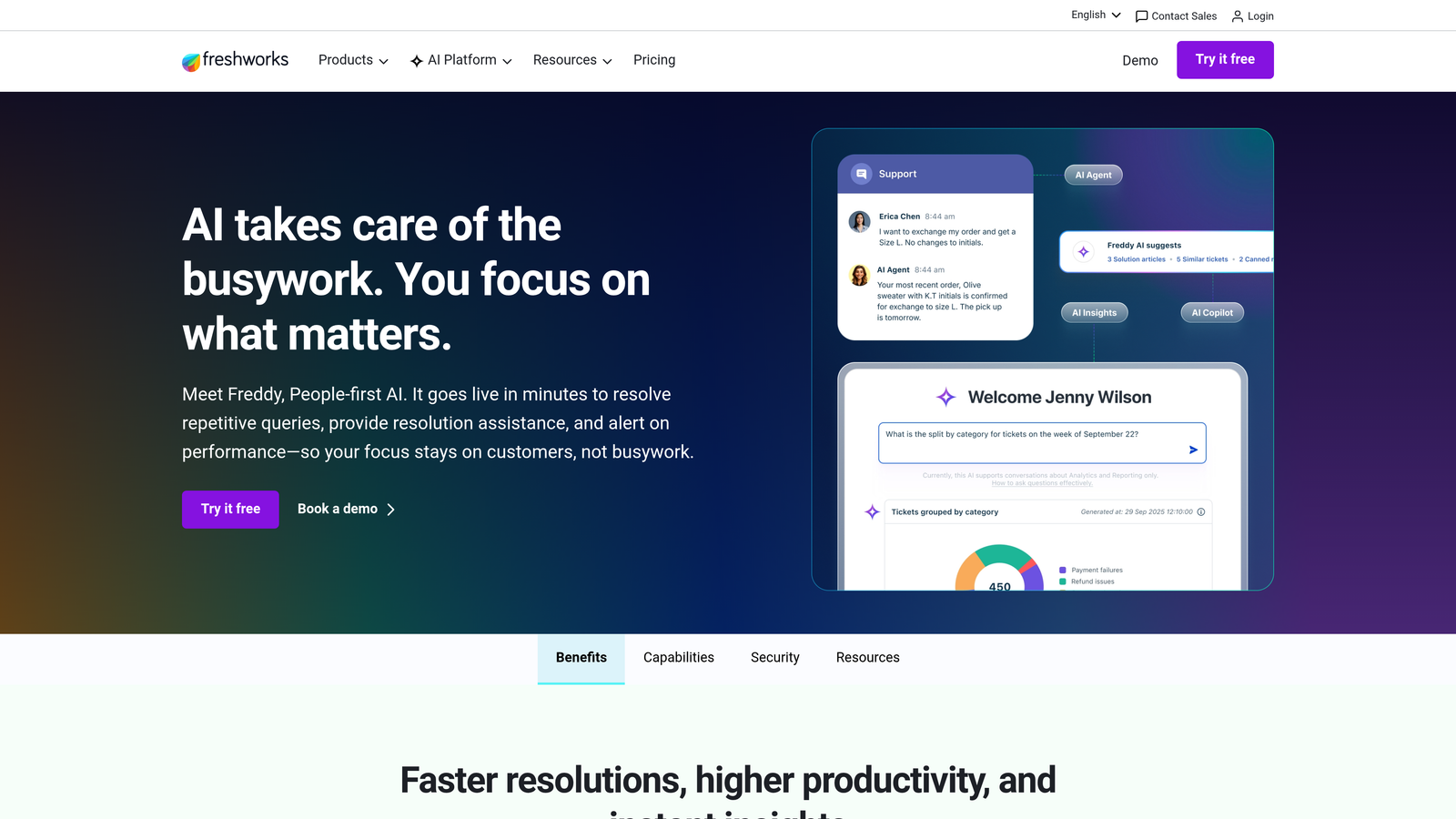 Screenshot of Freshdesk Freddy AI website