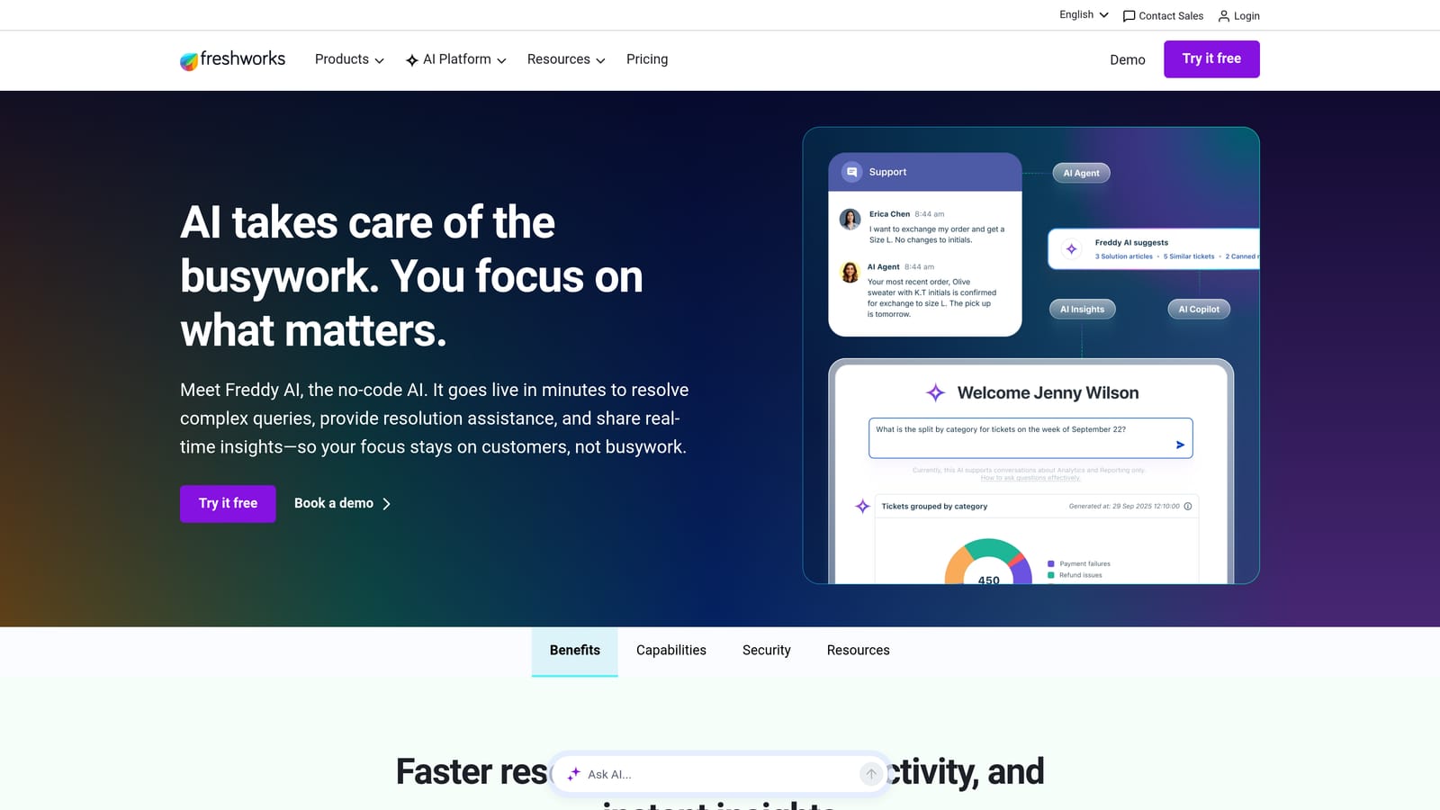 Screenshot of Freshdesk Freddy AI website