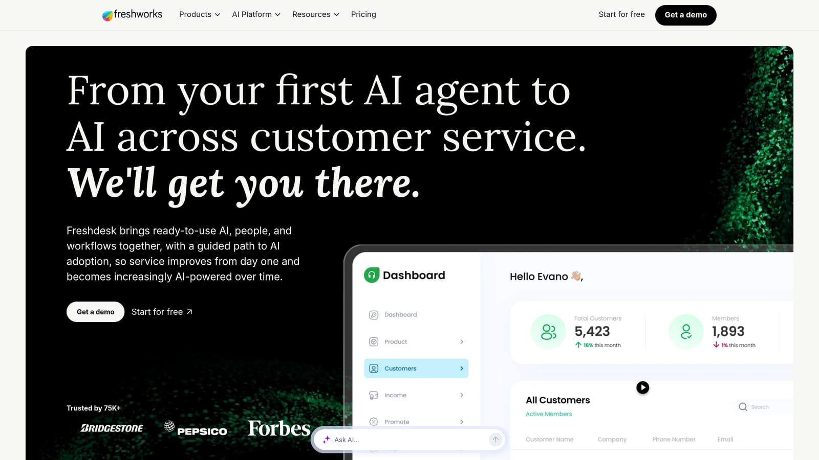Screenshot of Freshdesk Freddy AI website