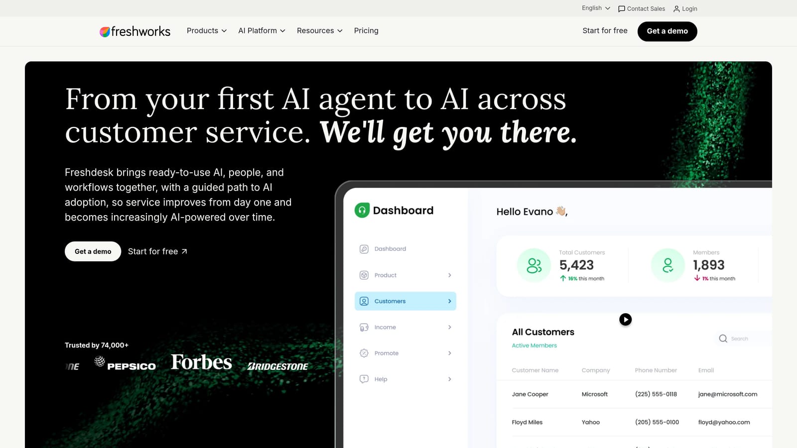 Screenshot of Freshdesk Freddy AI website