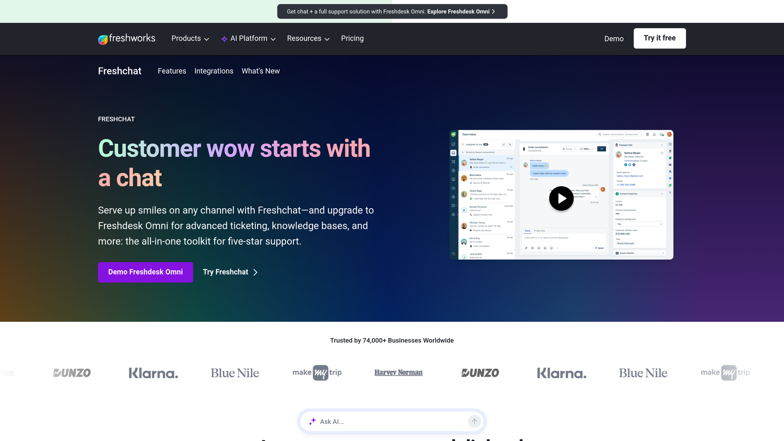 Screenshot of Freshdesk Messaging (Freshchat) website