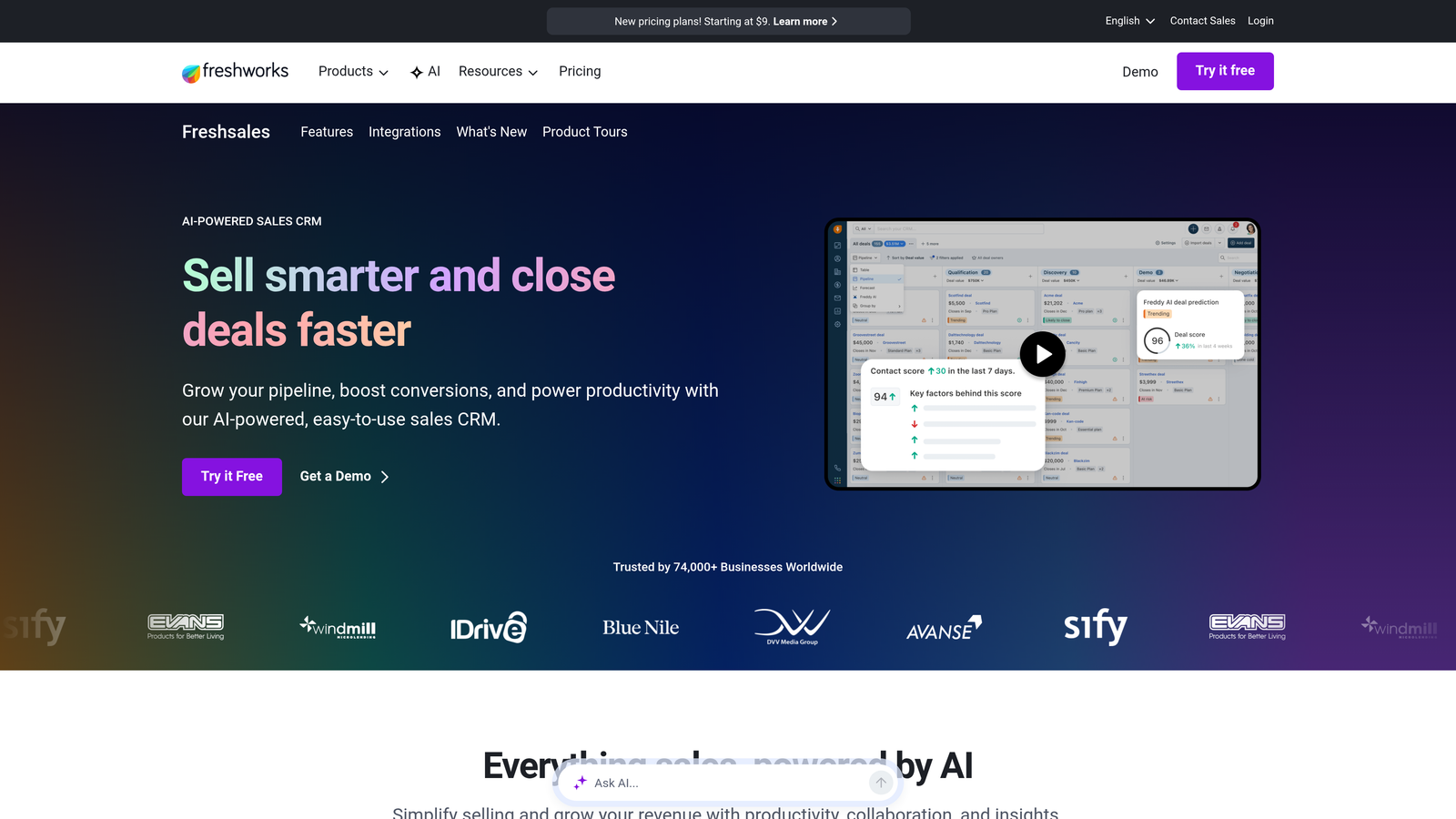Screenshot of Freshsales (Freshworks CRM) website