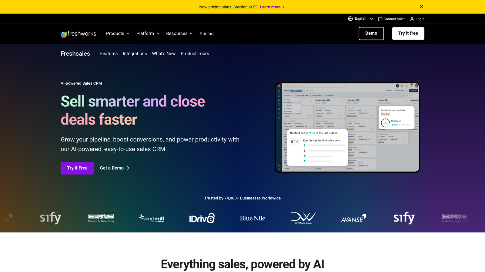 Screenshot of Freshsales website