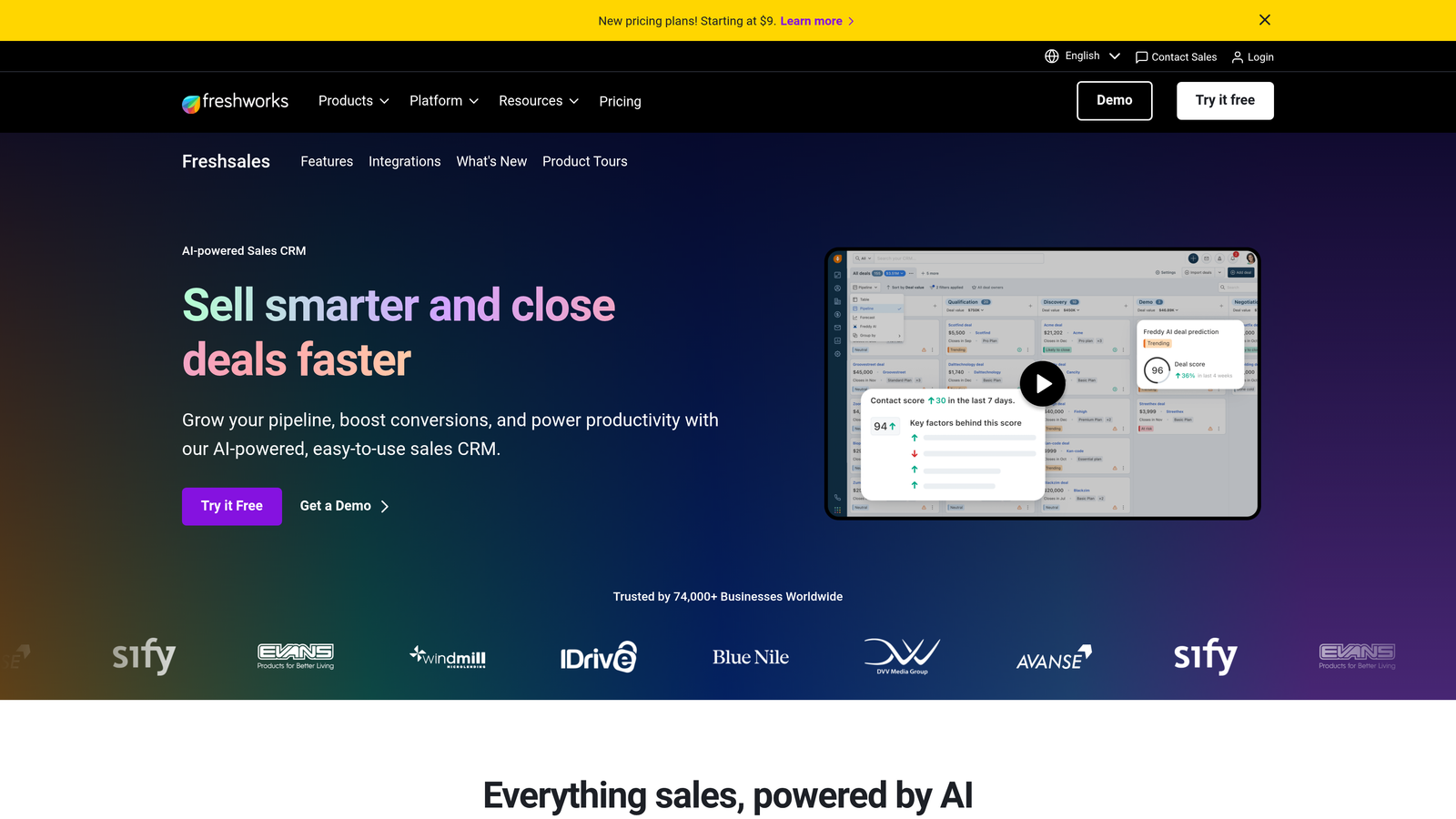 Screenshot of Freshsales website