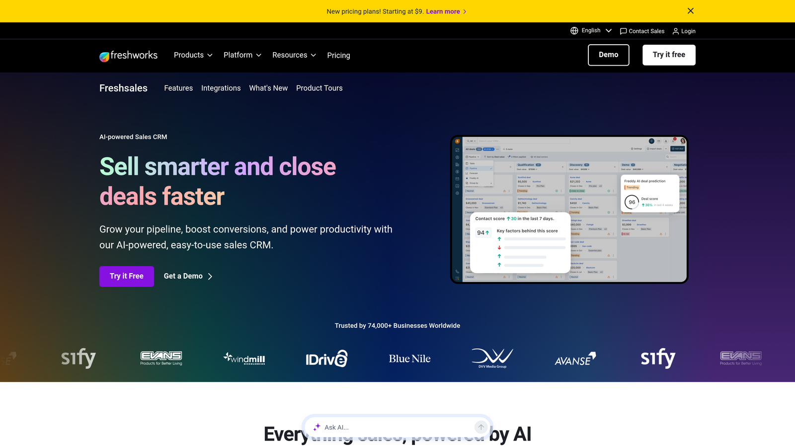 Screenshot of Freshsales website