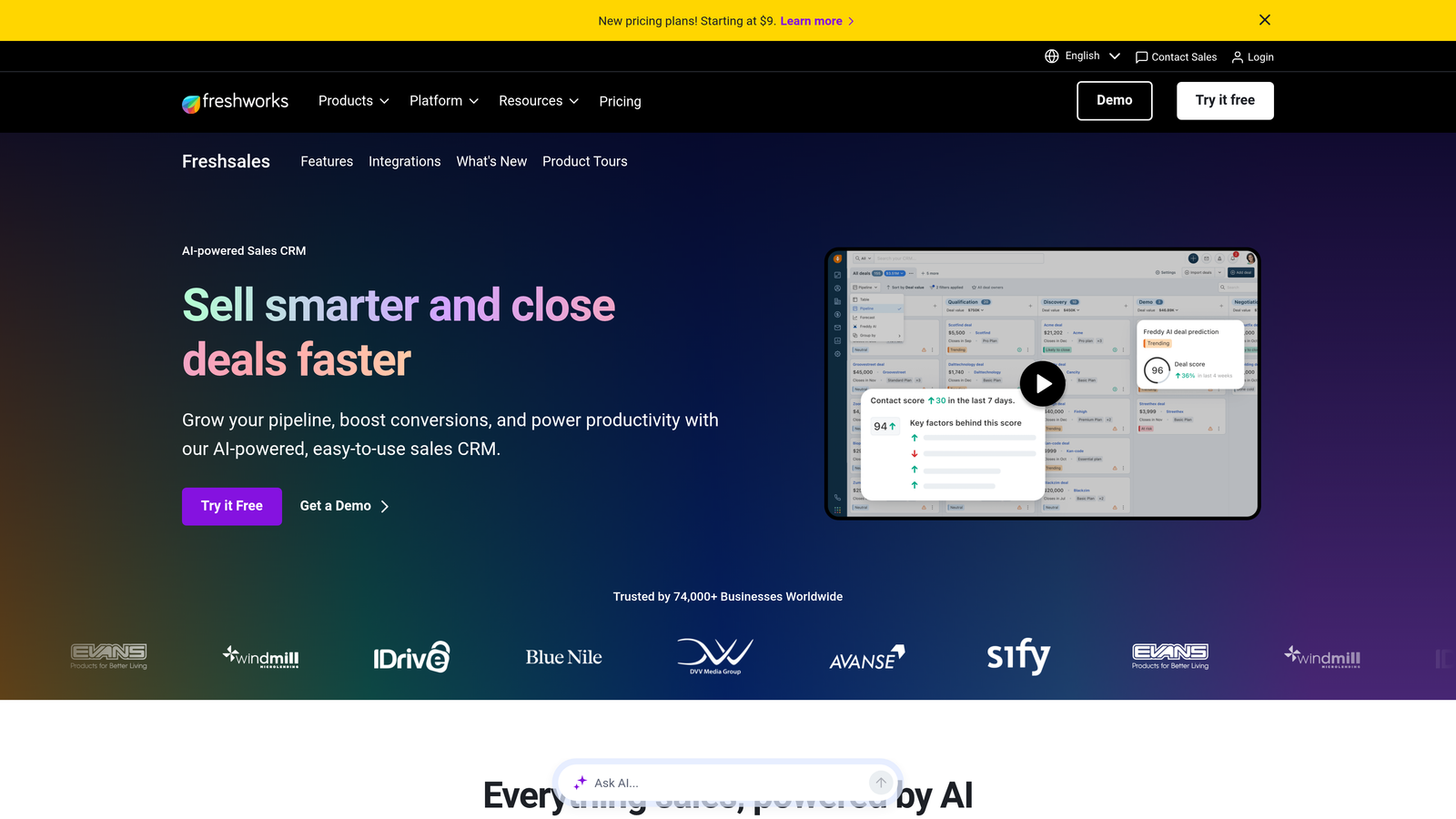 Screenshot of Freshsales website