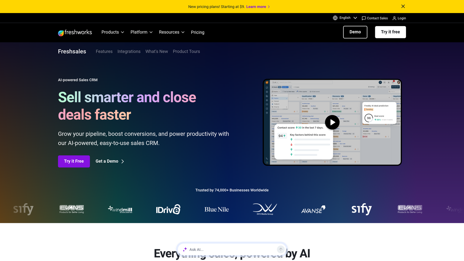 Screenshot of Freshsales website