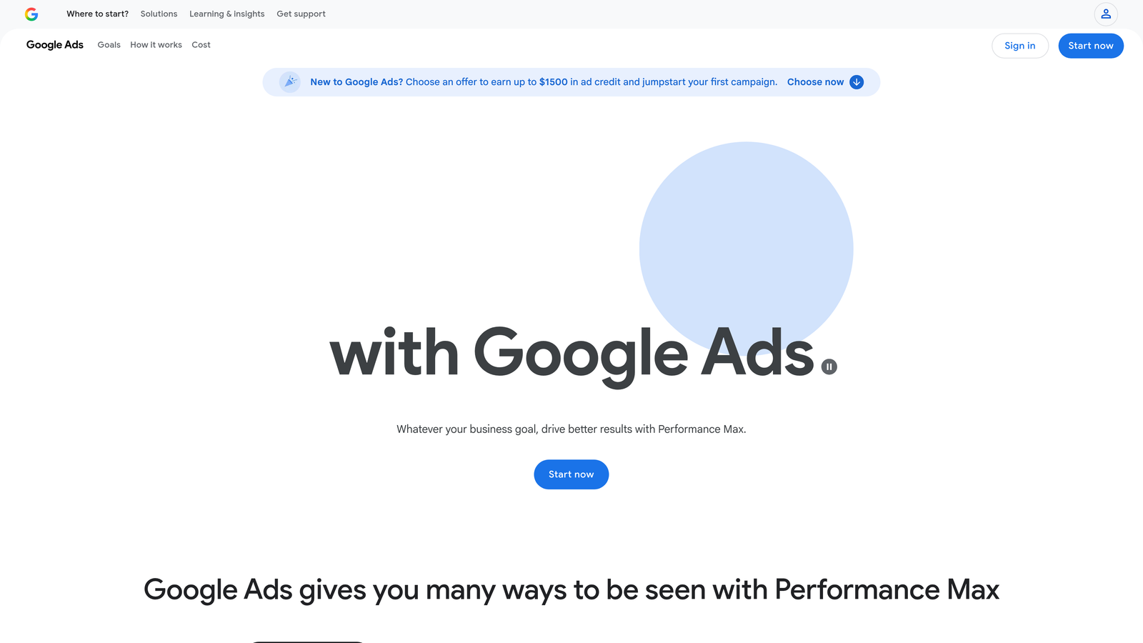 Screenshot of Google Ads website homepage