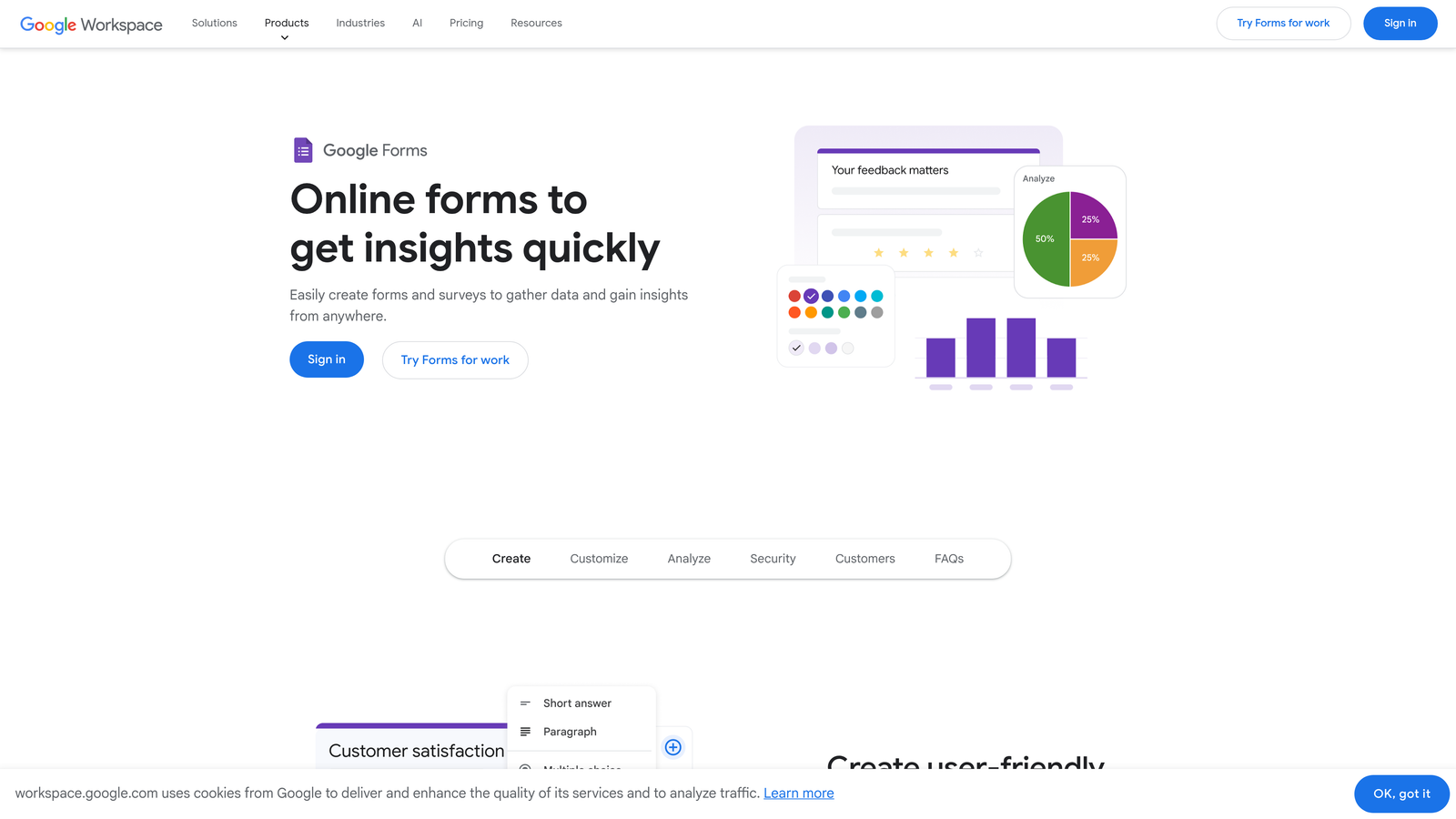 Screenshot of Google Forms website