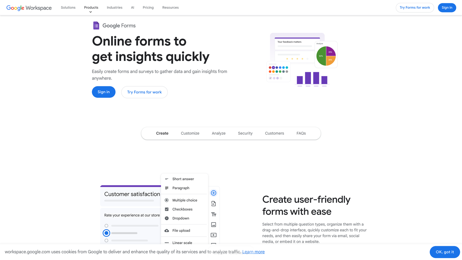 Screenshot of Google Forms website