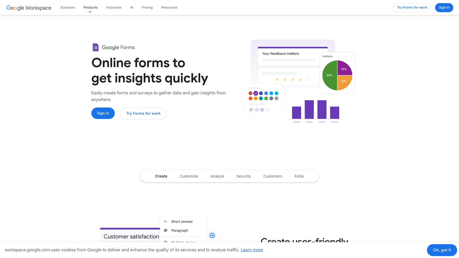 Screenshot of Google Forms website