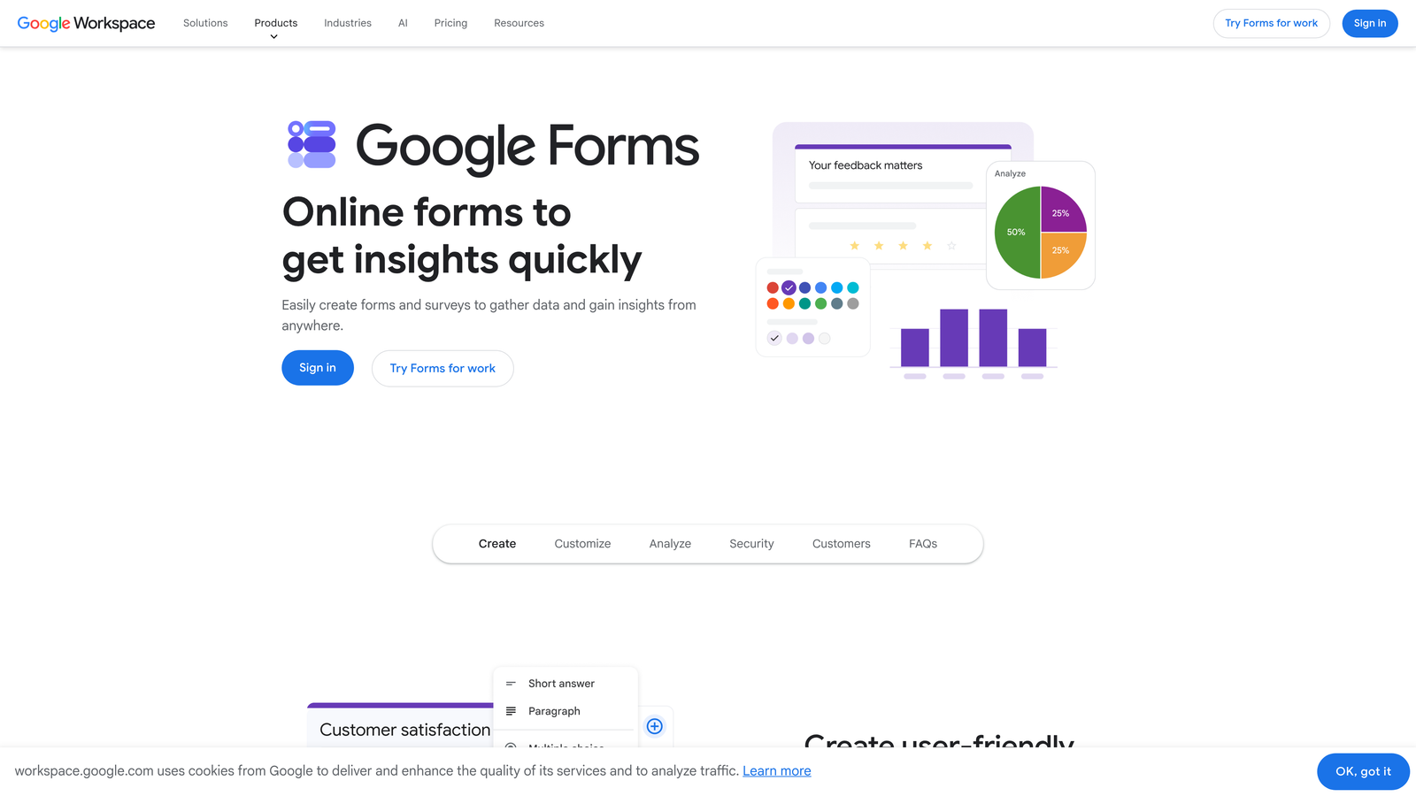 Screenshot of Google Forms website